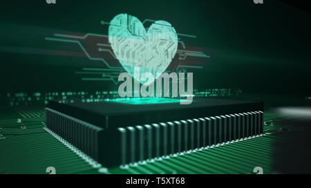 Liebe und Gesundheit Konzept mit Herzen Hologramm über funktionierende cpu im Hintergrund. Platine 3d-Abbildung. Romantisch, cyber dating, Rendez-vous und Med Stockfoto