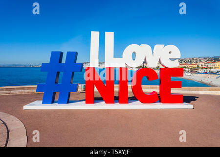 Nizza, Frankreich - September 27, 2018: Ich liebe schöne Zeichen in der schönen Stadt im Süden von Frankreich. Stockfoto