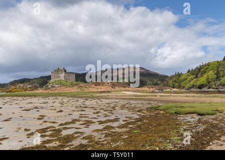 Schloss Tioram (Caisteal Tioram) ist eine Burgruine, die sich auf die Gezeiten Insel Eilean Tioram im Loch Moidart, Lochaber, Highland, Schottland, UK sitzt Stockfoto