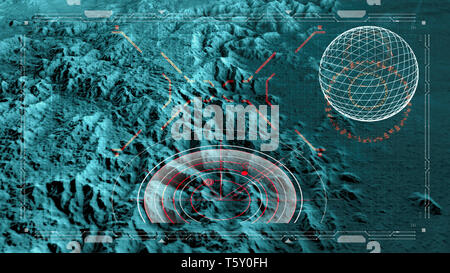 Satellitenansicht von Land, Kriegshandlungen, sci-fi, night vision mit blauen Farbtönen. Militärisches Ziel. Drohne fliegen auf einer Fläche. Hud, Head-up-Display Stockfoto