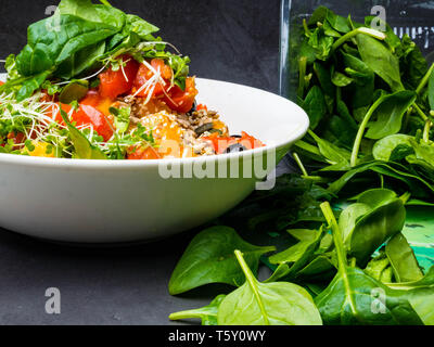 Gemüse, Spinat und seeeds Salat in Weiß Schüssel, konkreten Hintergrund Stockfoto