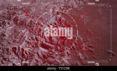 Satellitenansicht von Land, Kriegshandlungen, sci-fi, night vision mit roten Farbtönen. Militärisches Ziel. Drohne fliegen auf einer Fläche. Hud, Head-up-Display Stockfoto