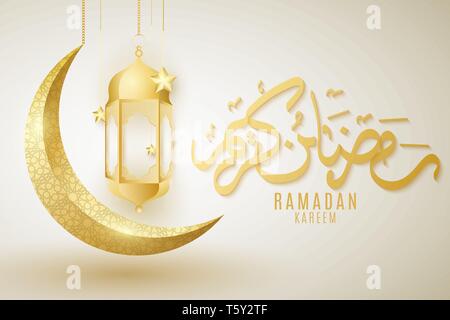 Abdeckung für Ramadan Kareem. Golden glänzenden Mond mit hanging lantern. Arabisch Ornament. Hand gezeichnet Kalligraphie. Religion heiligen Monat. Goldene Sterne hängen. Vec Stock Vektor