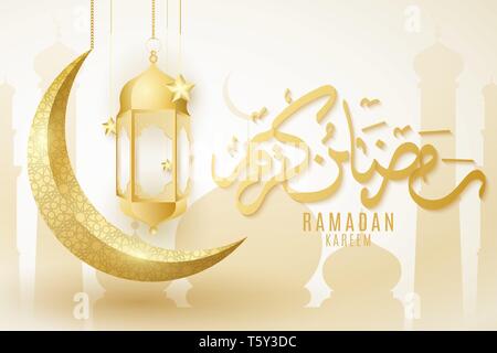 Abdeckung für Ramadan Kareem. Golden glänzenden Mond und hanging lantern mit Sternen. Arabisch Ornament. Hand gezeichnet Kalligraphie. Religion heiligen Monat. Alte moslemische c Stock Vektor