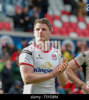 Kingspan Stadion, Belfast, Nordirland. 27 Apr, 2019. Guinness Pro 14 Rugby, Ulster versus Leinster; Jack Owens von Ulster seine Anerkennung zu den Ulster Unterstützer zeigen nach einer engen 14-13 Kredit gewinnen: Aktion plus Sport/Alamy leben Nachrichten Stockfoto