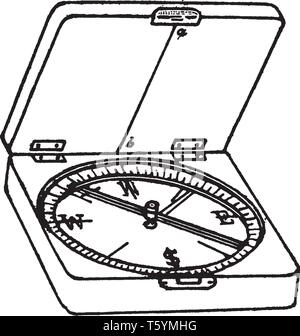 Box Kompass sowie einen Kreis in Grad von 0 bis 360 Grad graduiert, vintage Strichzeichnung oder Gravur Abbildung. Stock Vektor
