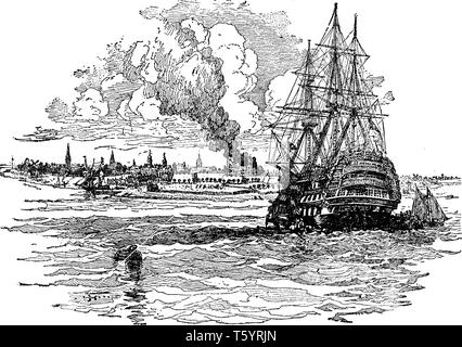 Hafen von New York in der Kolonialzeit, ist einer der größten natürlichen Häfen der Welt, vintage Strichzeichnung oder Gravur Abbildung. Stock Vektor