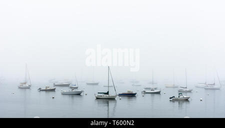 Boote vor Anker in Nebel Stockfoto