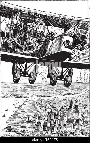Kapitän Roy N Francis über NYC, einer der bekanntesten amerikanischen Piloten über New York fliegen, vintage Strichzeichnung oder Gravur Abbildung. Stock Vektor