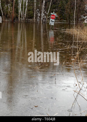 Quebec, Kanada. Frühjahr Hochwasser zwingt die Schließung von st-patrick Straße in Rawdon Stockfoto