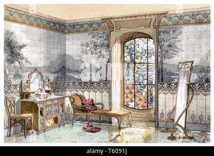 Bad Übersicht in der Perspektive. Vintage Art Nouveau Abbildung durch ein modernes Interieur 1900 Stockfoto