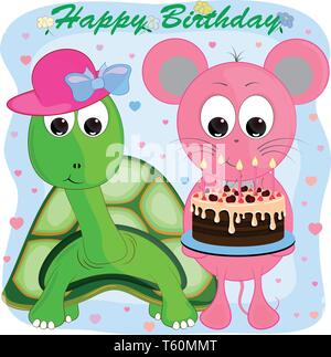 Geburtstag Grußkarte mit Maus und Schildkröte. Cartoon Tiere Vector Illustration. Stock Vektor