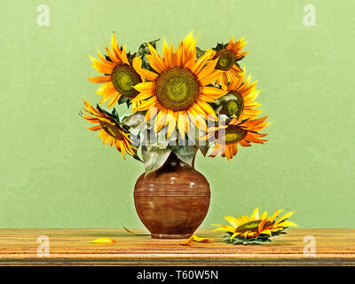 Blumenstrauß aus Sonnenblumen in einer alten Keramik Vase, Sommer Deko, Landhausstil, retro, Vintage, 3D-Rendering, 3D-Darstellung Stockfoto
