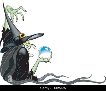 Hexe und Crystal Ball Grenze Vektor Cartoon Illustration Stock Vektor