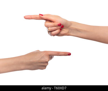 Weibliche Finger zeigen auf weißem Hintergrund Stockfoto