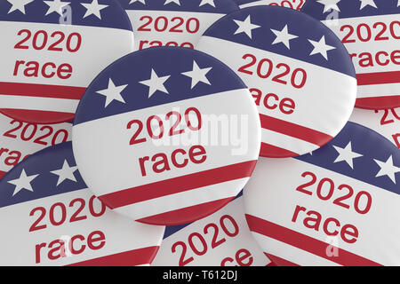 USA Politik Wahlen Nachrichten Abzeichen: Stapel von 2020 Rennen Tasten mit US-Flagge, 3D-Darstellung Stockfoto