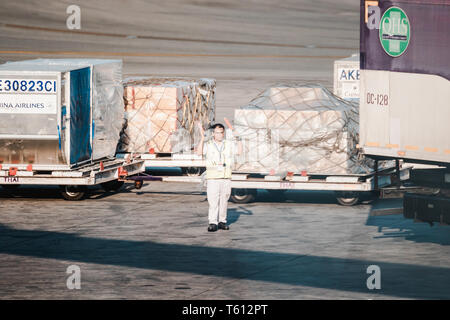 Asiatische Bodenpersonal mit rotem Signal Zauberstab ein Cargo Container Lkw am Flughafen mit einer Menge Fracht in einem Flugzeug in der Zurück zu geladen werden, Signal Stockfoto