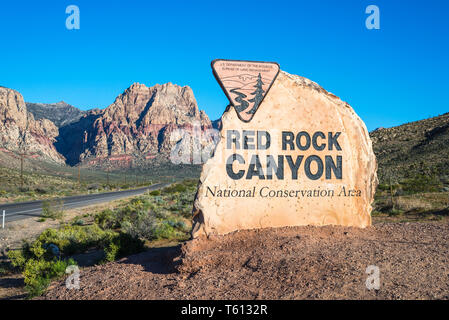 Schild zum Red Rock Canyon National Conservation Area. Las Vegas, Nevada, USA. Stockfoto