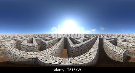 8K HDRI map, sphärischen Umwelt panorama Hintergrund, hoher Kontrast Außenbeleuchtung, Landschaft mit riesigen Labyrinth unter einem blauen Himmel (3d equirectangu Stockfoto