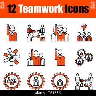 Set mit 12 Icons auf Teamwork theme. Dünne Linie mit Orange Design. Voll editierbar Vector Illustration. Text erweitert. Stock Vektor