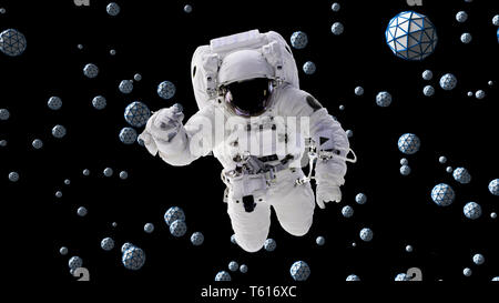 Astronaut zwischen abstrakten geometrischen Objekten mit schwarzem Hintergrund (3D-Illustration, Elemente dieses Bild von der NASA eingerichtet sind Fliegen) Stockfoto