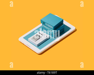 Geschäftsführung und Buchhaltung App: Papierkram, Rechner und Ordner auf einem Touchscreen smartphone anzuzeigen, isometrische Objekte Stockfoto