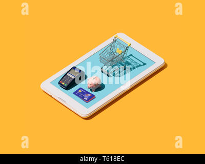 Online Shopping und elektronische Zahlungen App: Warenkorb, POS-Terminal, piggy Bank- und Kreditkarten auf einem Touchscreen smartphone Stockfoto