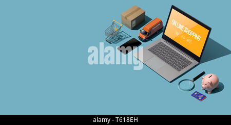 Online Shopping, Zahlungen, und Express Konzept mit isometrischen Objekte Stockfoto