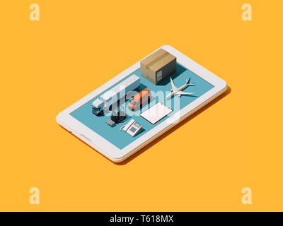 Internationale Produkt Lieferung und Versand App: isometrische Parzellen, Lkw und Flugzeug auf einem Smartphone Stockfoto