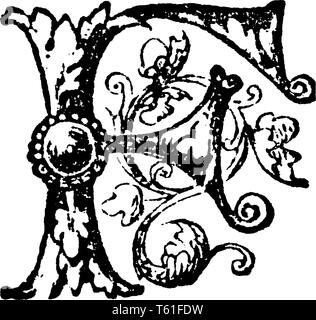 Eine dekorative und floralen Buchstaben F, vintage Strichzeichnung oder Gravur Abbildung Stock Vektor