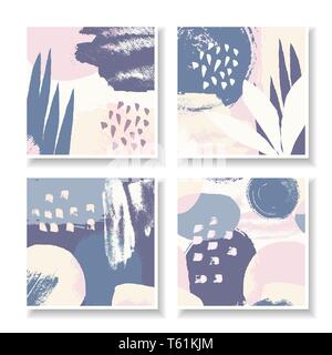 Ein Satz von vier quadratischen Design Templates mit Hand gezeichnet abstrakte Formen und Texturen. Kreative moderne Kunst Vektorgrafiken, soziale Medien Beiträge, Nachrichten Stock Vektor