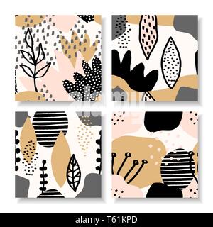 Ein Satz von vier quadratischen Design Templates mit abstrakten floralen Formen und Texturen. Kreative moderne Kunst Vektorgrafiken, soziale Medien Beiträge, newslett Stock Vektor