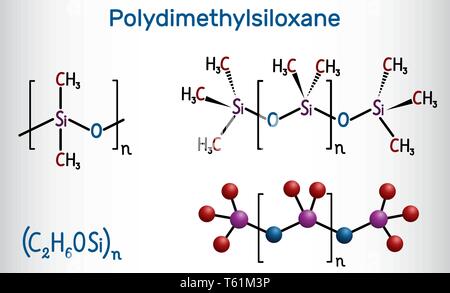 Polydimethylsiloxan, PDMS, Silikon Polymer, das Molekül. Strukturelle chemische Formel und Molekül-Modell. Vector Illustration Stock Vektor