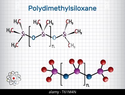 Polydimethylsiloxan, PDMS, Silikon Polymer, das Molekül. Strukturelle chemische Formel und Molekül-Modell. Blatt Papier in einem Käfig. Vector Illustration Stock Vektor