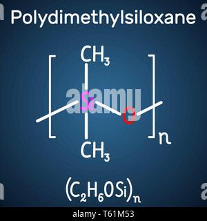 Polydimethylsiloxan, PDMS, Silikon Polymer, das Molekül. Strukturelle chemische Formel und Molekül Modell auf dem dunkelblauen Hintergrund. Vektor illustratio Stock Vektor