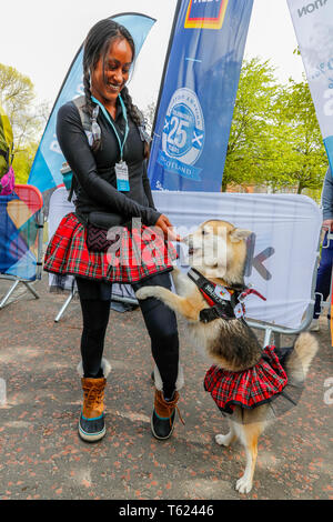 Glasgow, UK. 28 Apr, 2019. Eine rekordverdächtige 13.000 Wanderer nahm auf dem Glasgow Nächstenliebe Kiltwalk und schätzungsweise 3,5 Mio. £ für Nächstenliebe. Für viele der Weg begann in Glasgow Green, Fortgeschritten entlang der Clydeside und endet an der Kiltwalk Dorf in Balloch, Loch Lomond 23 Meilen entfernt. Bild von FENELLA POL, von Glasgow und ihrem 11 Monate alten POLO Ponsky genannt, sowohl in die passende Kilts. Credit: Findlay/Alamy leben Nachrichten Stockfoto