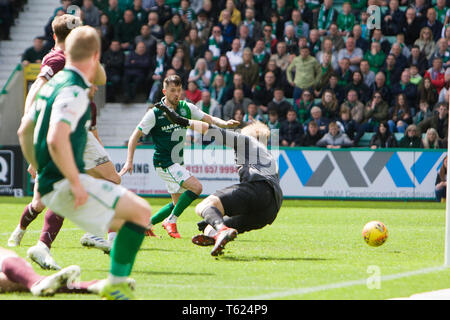 Edinburgh, Großbritannien. 28. April 2019. Christophe Berra der Herzen macht es 1-0 zum hibs, nachdem er ein eigenes Ziel während der LADBROKES Premiership Übereinstimmung zwischen Hibernian und Herzen an Ostern Straße am 28. April 2019 in Edinbugh, UK. Nur die redaktionelle Nutzung, eine Lizenz für die gewerbliche Nutzung erforderlich. Keine Verwendung in Wetten, Spiele oder einer einzelnen Verein/Liga/player Veröffentlichung. Credit: Scottish Borders, Medien/Alamy leben Nachrichten Stockfoto