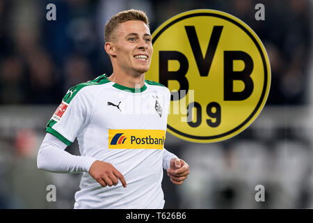 Borussia Mönchengladbach, Deutschland. 28 Apr, 2019. Foto Montage: Top-Transfer fast fix Gefahr bestätigt Einigung mit dem BVB. Stock Bild: Jubel Thorgan Gefahr (MG) nach seinem Ziel, 3:0, Fußball 1. Fussballbundesliga, 8. Spieltag, Borussia Mönchengladbach (FS) FSV FSV Mainz 05 (MZ) 4:0, am 21.10.2018 im Borussia Mönchengladbach/Deutschland. DFL Bestimmungen verbieten die Verwendung von Fotografien als Bildsequenzen und/oder quasi-video ### Nutzung weltweit/dpa/Alamy leben Nachrichten Stockfoto