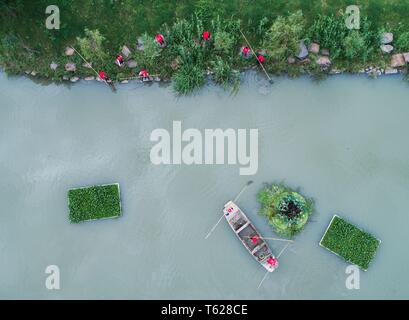 Peking, China. 13 Okt, 2017. Luftbild am Okt. 13, 2017 zeigt einen Fluss Chief und Abwasserentsorgung Arbeitnehmer patrouillieren in Changxing County in der ostchinesischen Provinz Zhejiang. Credit: Xu Yu/Xinhua/Alamy leben Nachrichten Stockfoto