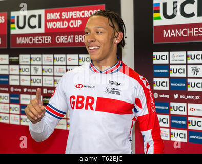 Nationale Radfahren Centre, Manchester, UK. 28 Apr, 2019. UCI BMX Supercross-WM, Tag 2; Kye Whyte gewann Gold im Final der Männer Quelle: Aktion plus Sport/Alamy leben Nachrichten Stockfoto