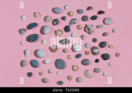 Sammlung von schönen Steinen und Muscheln auf dem rosa Tabelle. hobby Konzept. top View Stockfoto