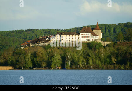 Schloss und die mittelalterliche Stadt Erlach im Frühjahr auf dem Bielersee oder Biel, Schweiz Stockfoto