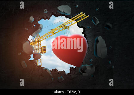 3D-Rendering von Hebekran mit niedlichen roten Herzen und brachen das Schwarze Loch in die Wand, dass sie es mit blauem Himmel durch das Loch gesehen. Stockfoto