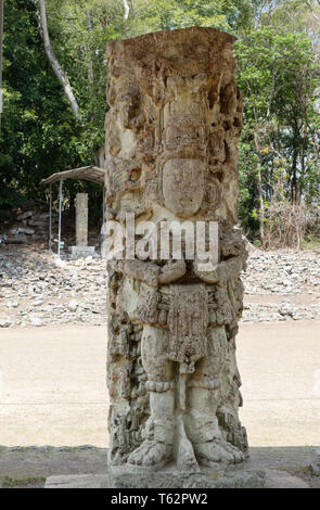 Maya Ruinen von Copan - Stela 4, eine geschnitzte Standing Stone aus dem frühen 8. Jahrhundert n. Chr. von Maya Herrscher 18 Kaninchen errichtet; Copan, Honduras, Mittelamerika Stockfoto