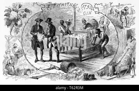 1790s Abbildung: african american SLAVES BEIM BETRIEB ELI WHITNEY'S COTTON GIN ERFUNDEN 1793, Baumwolle ein profitables beschneiden - asphp 4320 ASP001 HARS afrikanische Amerikaner Stockfoto