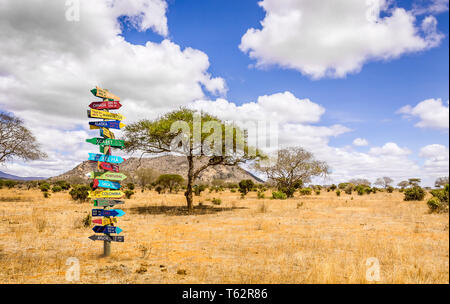 Lustig andere Welt Richtungen Wegweiser mit Abstand zu vielen verschiedenen Ländern Stockfoto