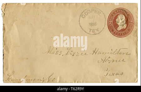 Uns historische Umschlag: Abdeckung mit braun gemustert bedruckt Stempel, zwei Cent George Washington Profil, Fancy abbrechen, Post Stornierung, 1886 Stockfoto