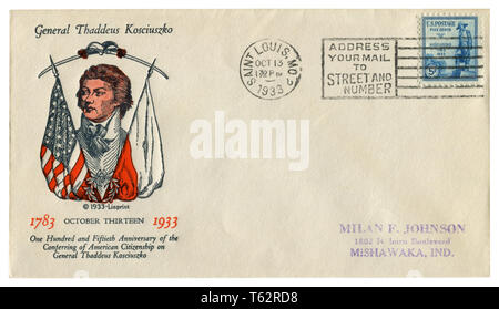 Uns historische Umschlag: Abdeckung mit Gütesiegel General Thaddeus Kosciuszko, Briefmarke, Statue des Helden 1783-1933, fünf Cent, Stornierung, 1933 Stockfoto