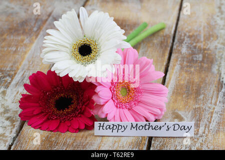 Glückliche Mütter Tag Karte mit rosa, weiß und rot Gerbera Gänseblümchen auf Holzmöbeln im Landhausstil Oberfläche Stockfoto