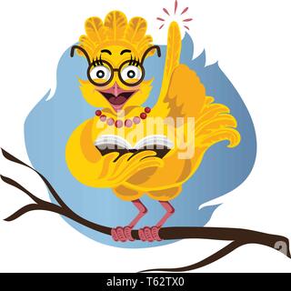 Dekorative cartoon owl Charakter, mit Brille sitzt auf einem Stapel Bücher, Vector Illustration Stock Vektor